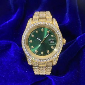 Moissanite Presidential Watch | Green Face | 41MM | 13.3CT Iced Out | 14K Yellow Gold