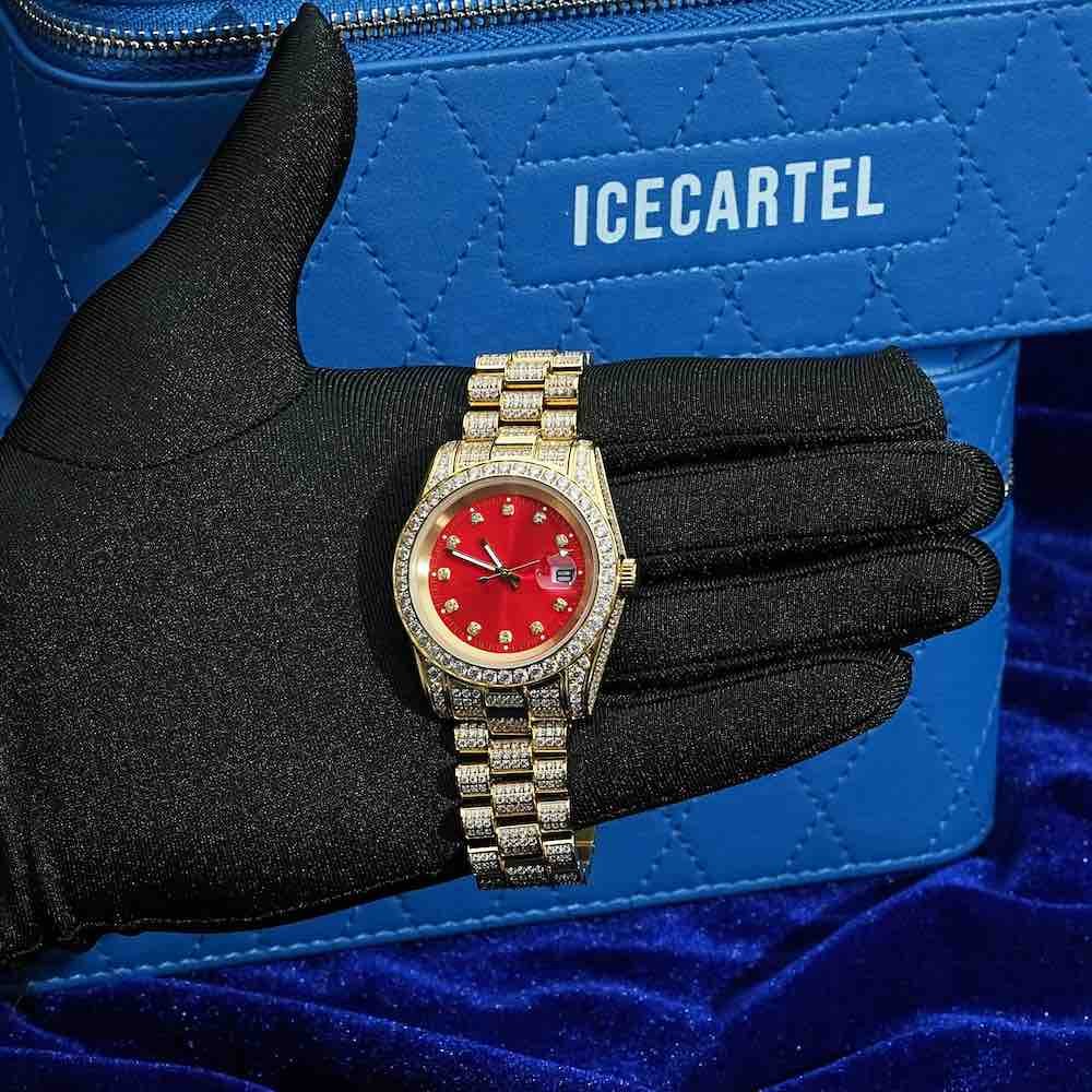 Moissanite Presidential Watch | Red Face | 41MM | 13.3CT Iced Out | 14K Yellow Gold - Image 4