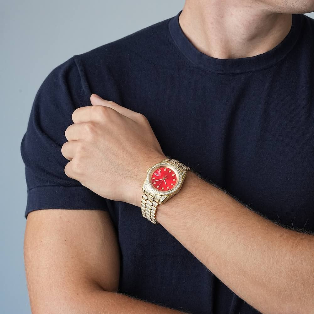 Moissanite Presidential Watch | Red Face | 41MM | 13.3CT Iced Out | 14K Yellow Gold - Image 3