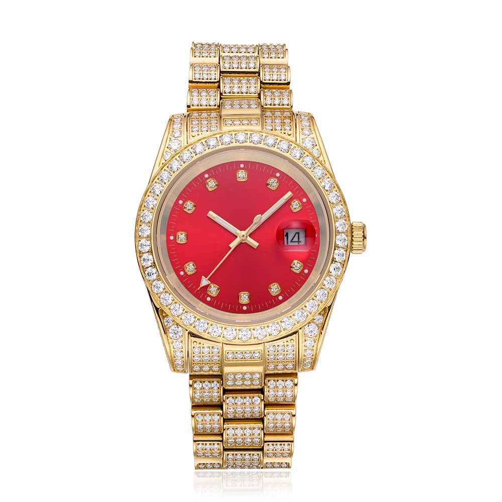 Moissanite Presidential Watch | Red Face | 41MM | 13.3CT Iced Out | 14K Yellow Gold - Image 6