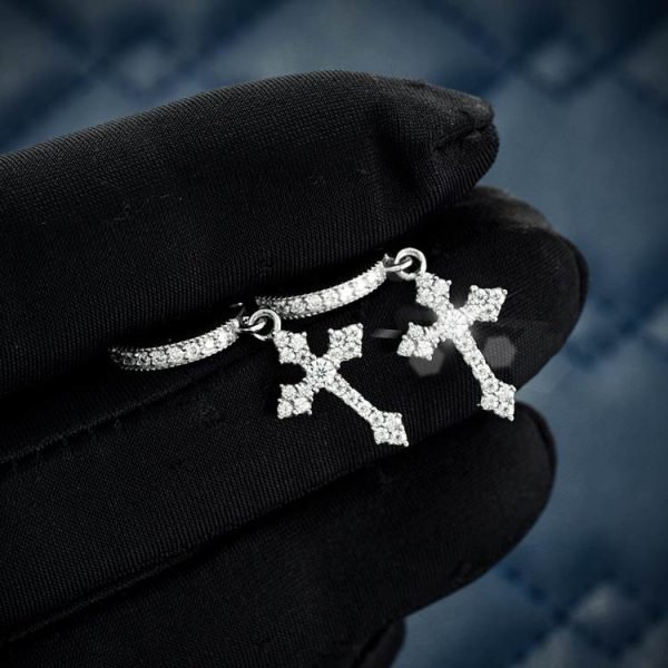 32MM Moissanite Cross Hoop Earrings 14K Gold - Image 2