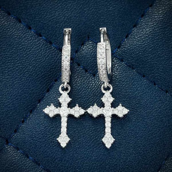 32MM Moissanite Cross Hoop Earrings 14K Gold - Image 4