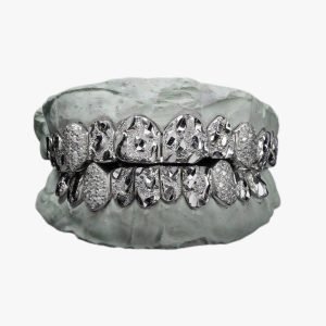 Semi Moissanite Diamond Cut Nugget Grillz 14K White Gold